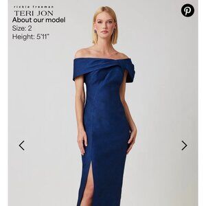 Rickie Freeman for Teri Jon.  Navy Jacquard Asymmetrical Bow Gown